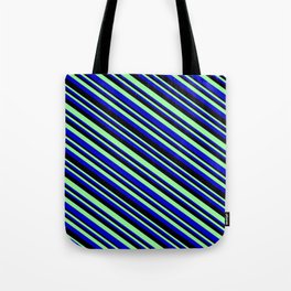 [ Thumbnail: Green, Blue & Black Colored Striped/Lined Pattern Tote Bag ]
