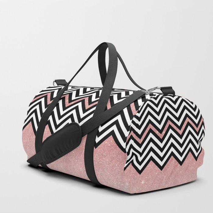 Modern black white chevron faux rose gold glitter Duffle Bag by pink_water | Society6