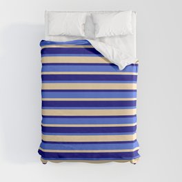 [ Thumbnail: Royal Blue, Beige & Blue Colored Pattern of Stripes Duvet Cover ]