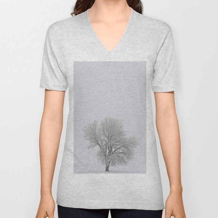 Lone Tree under Snow V Neck T Shirt