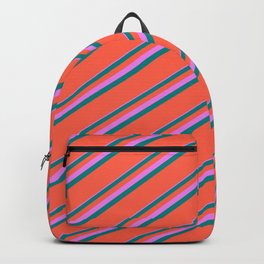 [ Thumbnail: Violet, Teal & Red Colored Lines/Stripes Pattern Backpack ]