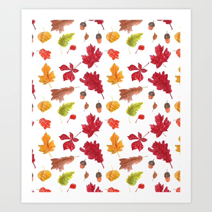 Autumn leaves pattern. Seamless pattern with various hand drawn autumn leaves.  Art Print