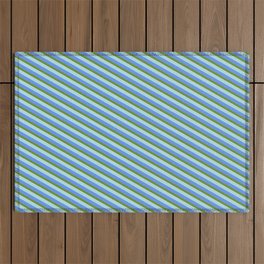 [ Thumbnail: Green, Powder Blue, and Cornflower Blue Colored Lined Pattern Outdoor Rug ]