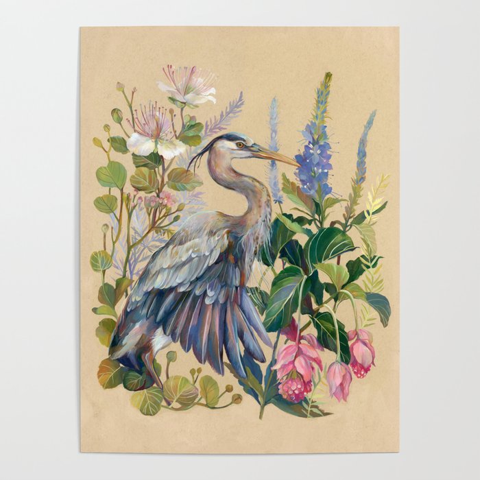 Blue Heron Floral Poster