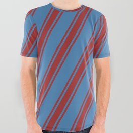 [ Thumbnail: Blue & Brown Colored Striped Pattern All Over Graphic Tee ]