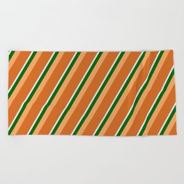 [ Thumbnail: Brown, Chocolate, Lavender & Dark Green Colored Stripes/Lines Pattern Beach Towel ]