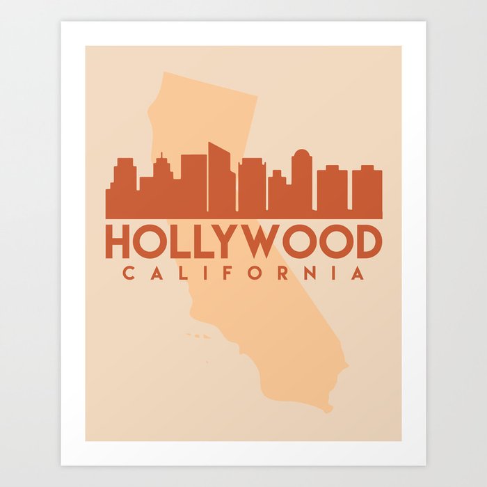 HOLLYWOOD CALIFORNIA CITY MAP SKYLINE EARTH TONES Art Print