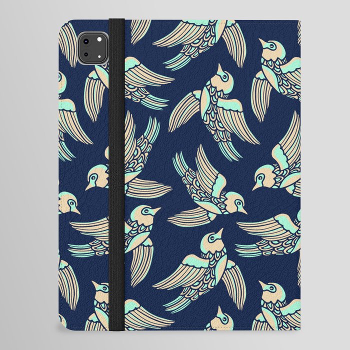 BIRDS FLYING HIGHER in MINT AND SAND ON DARK BLUE iPad Folio Case