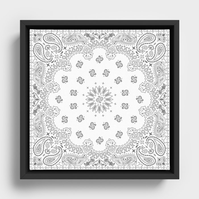 Bandana - White & Grays - Southwestern - Paisley Framed Canvas