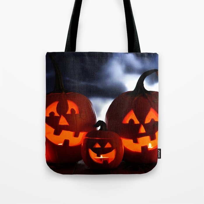 Halloween Jack o Lantern Night Scene Against Dark Clouds Tote Bag