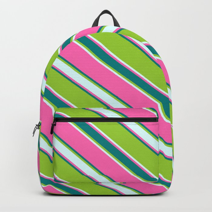 Hot Pink, Teal, Green, and Light Cyan Colored Stripes/Lines Pattern Backpack