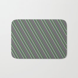 [ Thumbnail: Dim Grey, Dark Green, and Light Grey Colored Stripes Pattern Bath Mat ]