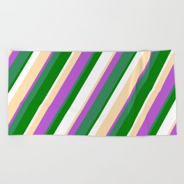 [ Thumbnail: Tan, Orchid, Sea Green, Green & White Colored Stripes/Lines Pattern Beach Towel ]