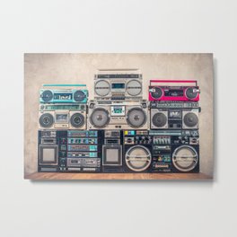 Retro old school design ghetto blaster stereo radio cassette tape recorders boombox tower from circa 1980s front concrete wall background. Vintage style filtered photo Metal Print | Vintage, Player, Retro, Rap, Background, Battle, Party, Dj, Photo, Old 