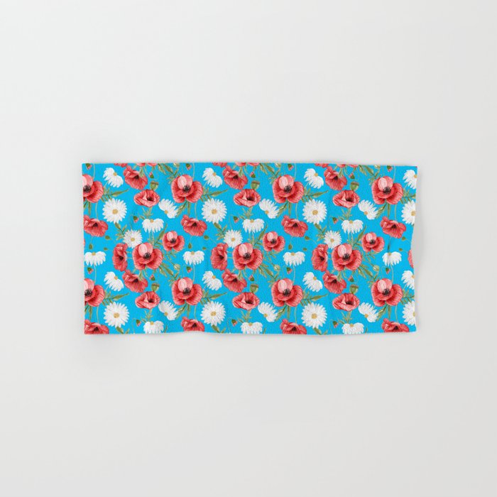 Daisy and Poppy Seamless Pattern on Turquoise Background Hand & Bath Towel