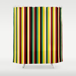 [ Thumbnail: Sea Green, Yellow, Tan, Dark Red, and Black Colored Lines Pattern Shower Curtain ]