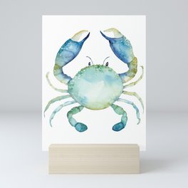 Crab watercolor coastal nautical beach art teal green Mini Art Print
