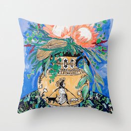 Cat Walk: Protea and Banksia Bouquet Floral Still Life with Greek Urn featuring Woman Walking Cats Throw Pillow