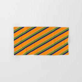 [ Thumbnail: Green, Midnight Blue, Dark Orange & Dark Salmon Colored Lines/Stripes Pattern Hand & Bath Towel ]