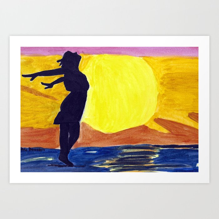 Breezes a Girl with Arms Outstretched Behind Her on the Beach Art Print