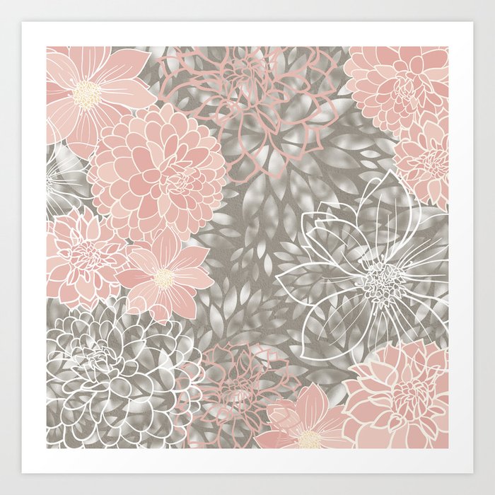 Floral Dahlias, Blush Pink, Gray, White Kunstdrucke