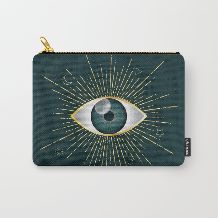 Gold and Teal Green Evil Eye on Dark Teal Background Carry-All Pouch