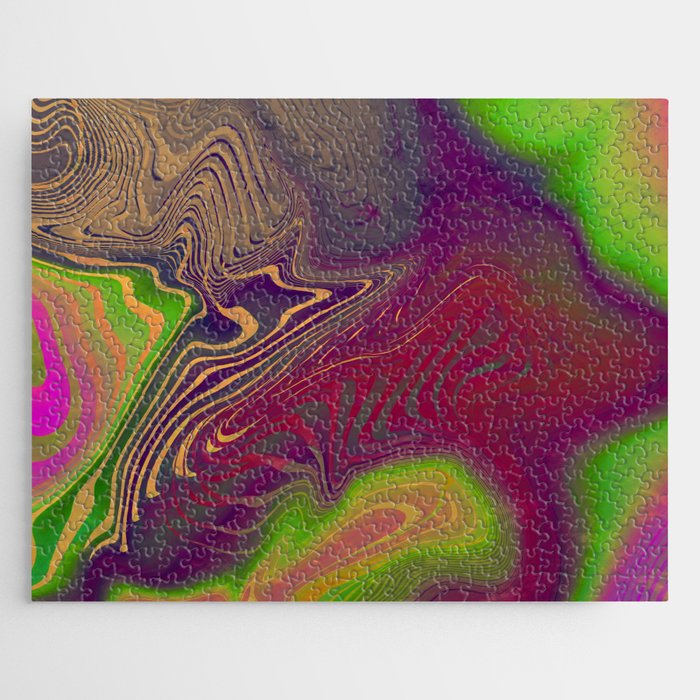 Multicolored neon psychedelic abstract digital art with distorted lines and metallic texture.  Jigsaw Puzzle