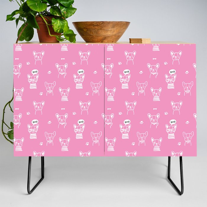 Pink and White Hand Drawn Dog Puppy Pattern Credenza