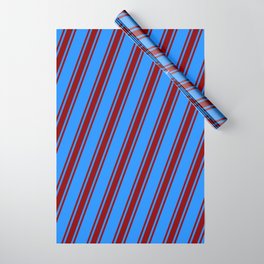 [ Thumbnail: Blue & Dark Red Colored Striped/Lined Pattern Wrapping Paper ]
