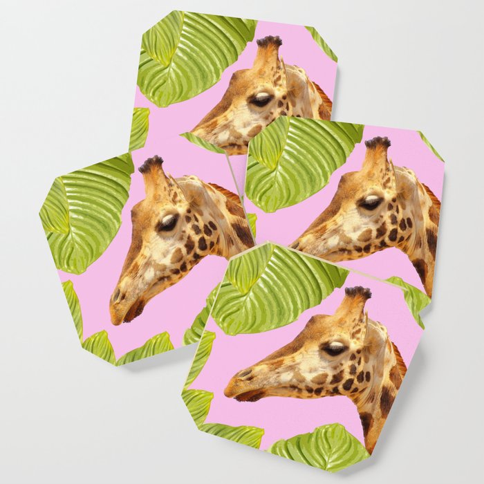 Giraffe with green leaves on a pink background #decor #society6 #buyart Coaster
