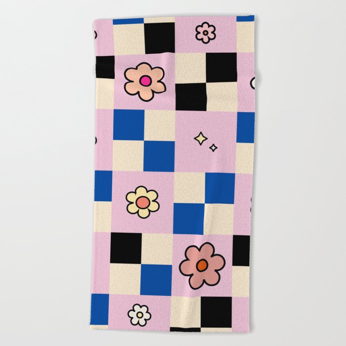 Checkered Flower Retro Colorful Check Pattern Pink And Blue Beach Towel