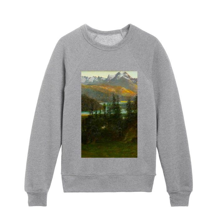 St. Moritz alpine valley; Engadine in Switzerland, Maloja in the Swiss canton of Graubünde landscape painting by Carlo Ferrarri Kids Crewneck