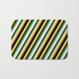[ Thumbnail: Forest Green, Lavender, Orange & Black Colored Striped Pattern Bath Mat ]