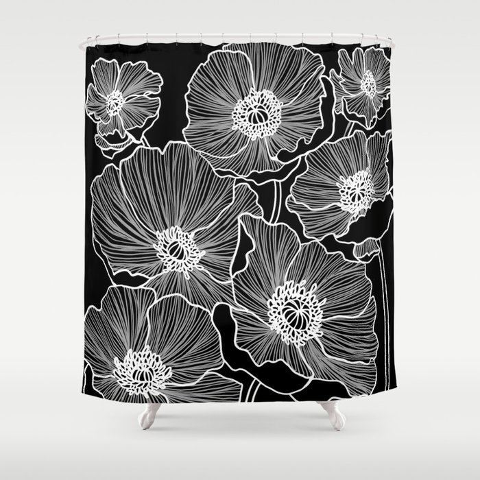 Black and White Poppies Shower Curtain