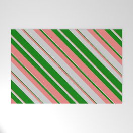 [ Thumbnail: Light Grey, Green & Light Coral Colored Lines/Stripes Pattern Welcome Mat ]