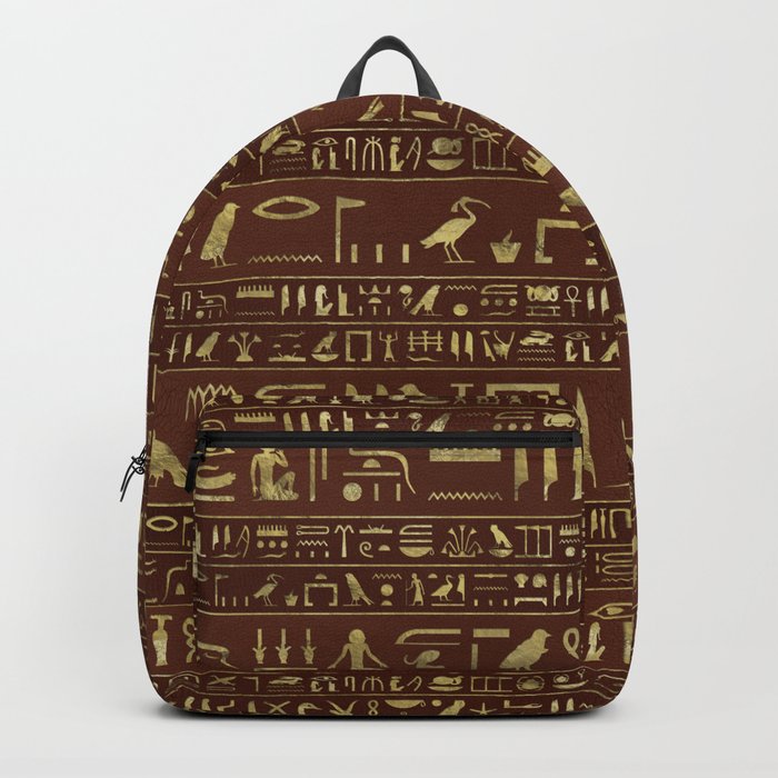 Egyptian hieroglyphs gold on brown leather Backpack