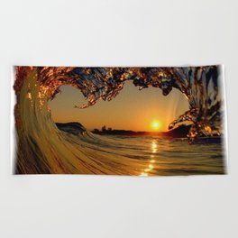 Sunset reflection on the sea waves amazing landscape Beach Towel