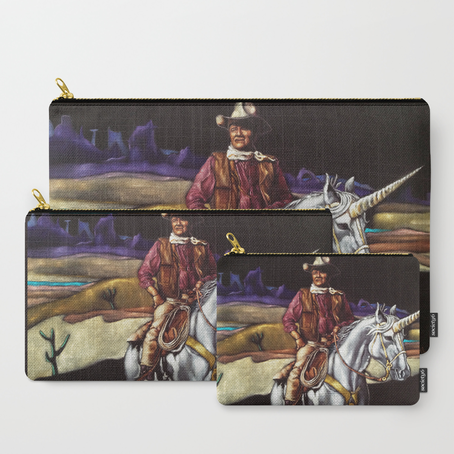 Black Velvet John Wayne Riding A Unicorn Carry All Pouch By