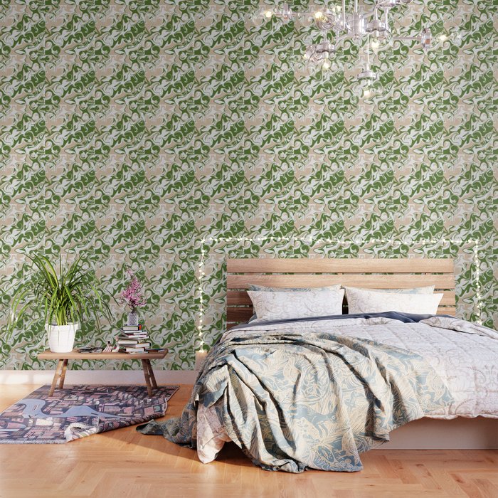 Spill - White, Sand and Palm Green Wallpaper