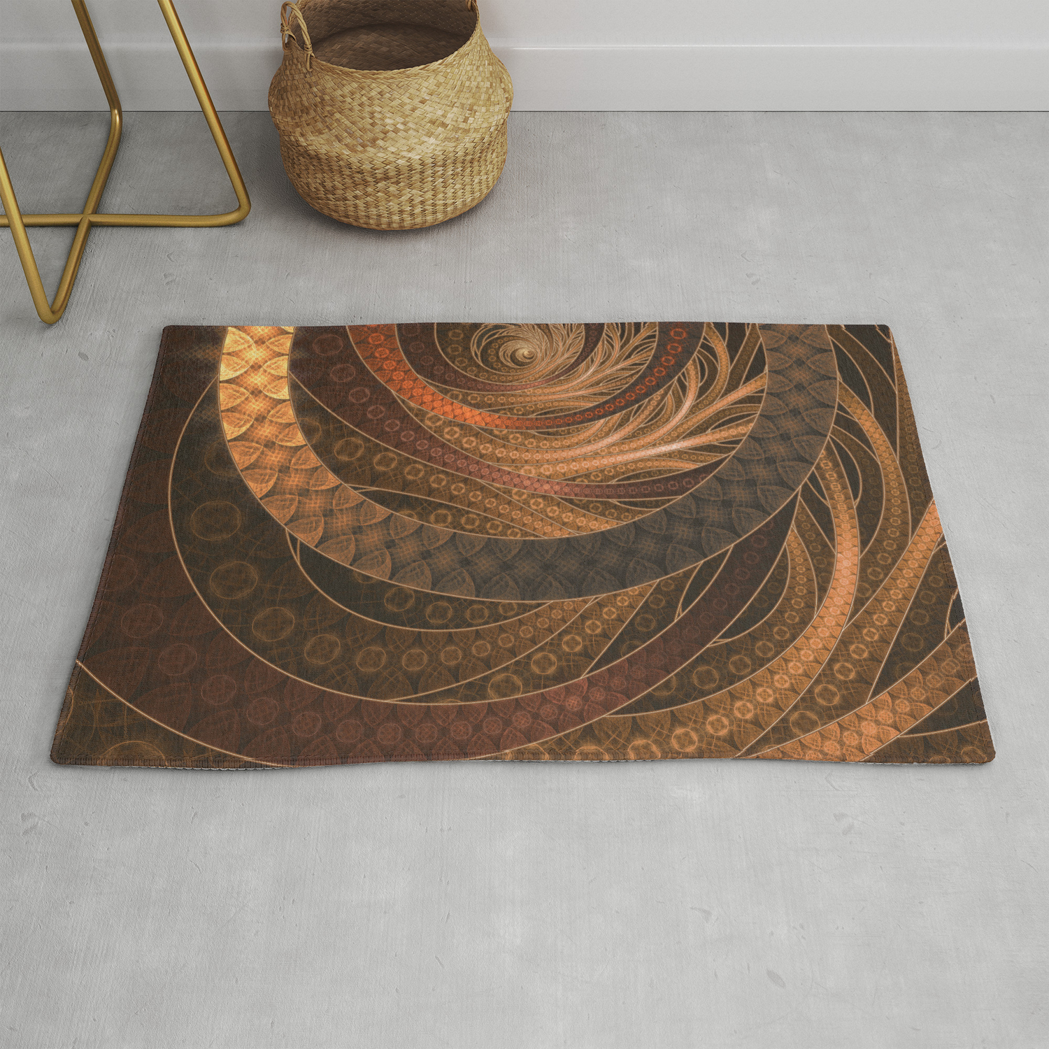 Earthen Brown Circular Fractal On A Woven Wicker Samurai Rug By Jaya Prime Society6