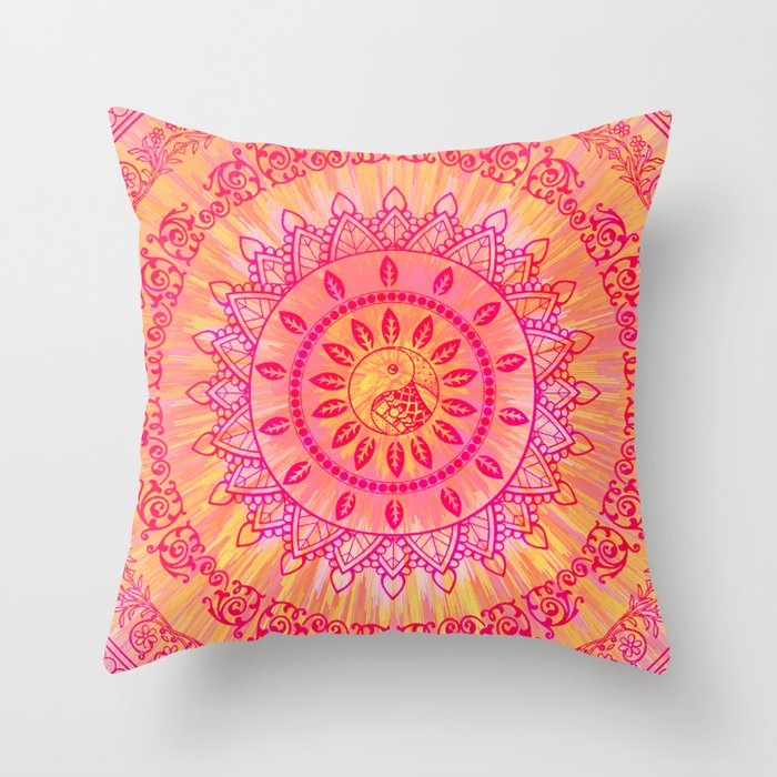 Mandala Orange Pink Spiritual Zen Hippie Bohemian Yoga Mantra Meditation Throw Pillow