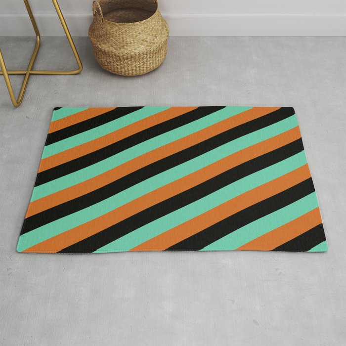Black, Aquamarine, and Chocolate Colored Pattern of Stripes Rug