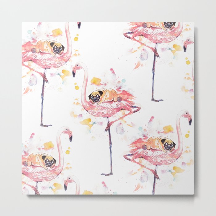 Flamingo and Pug Watercolor Metal Print