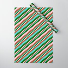 [ Thumbnail: Turquoise, Dark Green, Pink, and Sienna Colored Lines Pattern Wrapping Paper ]
