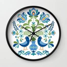 Hungarian Folk Design Blue Birds Wall Clock
