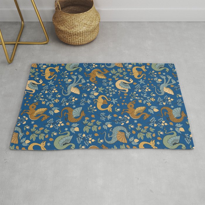 Dragons and Flowers on Classic Blue Rug