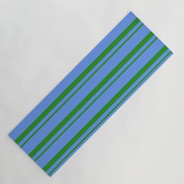 [ Thumbnail: Forest Green & Cornflower Blue Colored Lined Pattern Yoga Mat ]