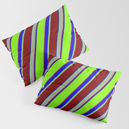 [ Thumbnail: Chartreuse, Dark Gray, Maroon & Blue Colored Lines/Stripes Pattern Pillow Sham ]