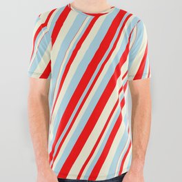 [ Thumbnail: Light Blue, Red, and Beige Colored Lines/Stripes Pattern All Over Graphic Tee ]