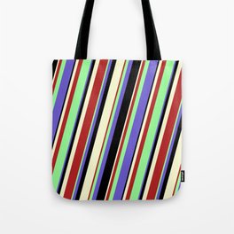 [ Thumbnail: Green, Slate Blue, Black, Light Yellow, and Red Colored Stripes Pattern Tote Bag ]